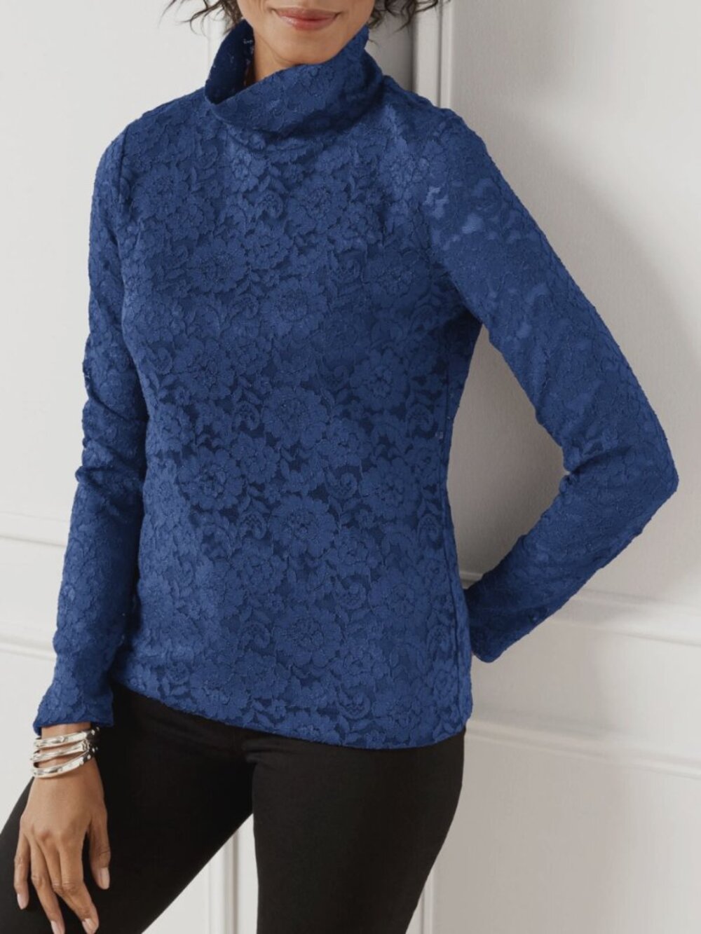 Talbots Women's Navy Blue Long Sleeve Turtleneck Lace Lined Pullover Top